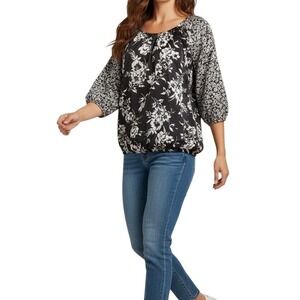 Croft & Barrow Womens Black White Floral Bubble Hem Blouse Top Size M 3/4 Sleeve